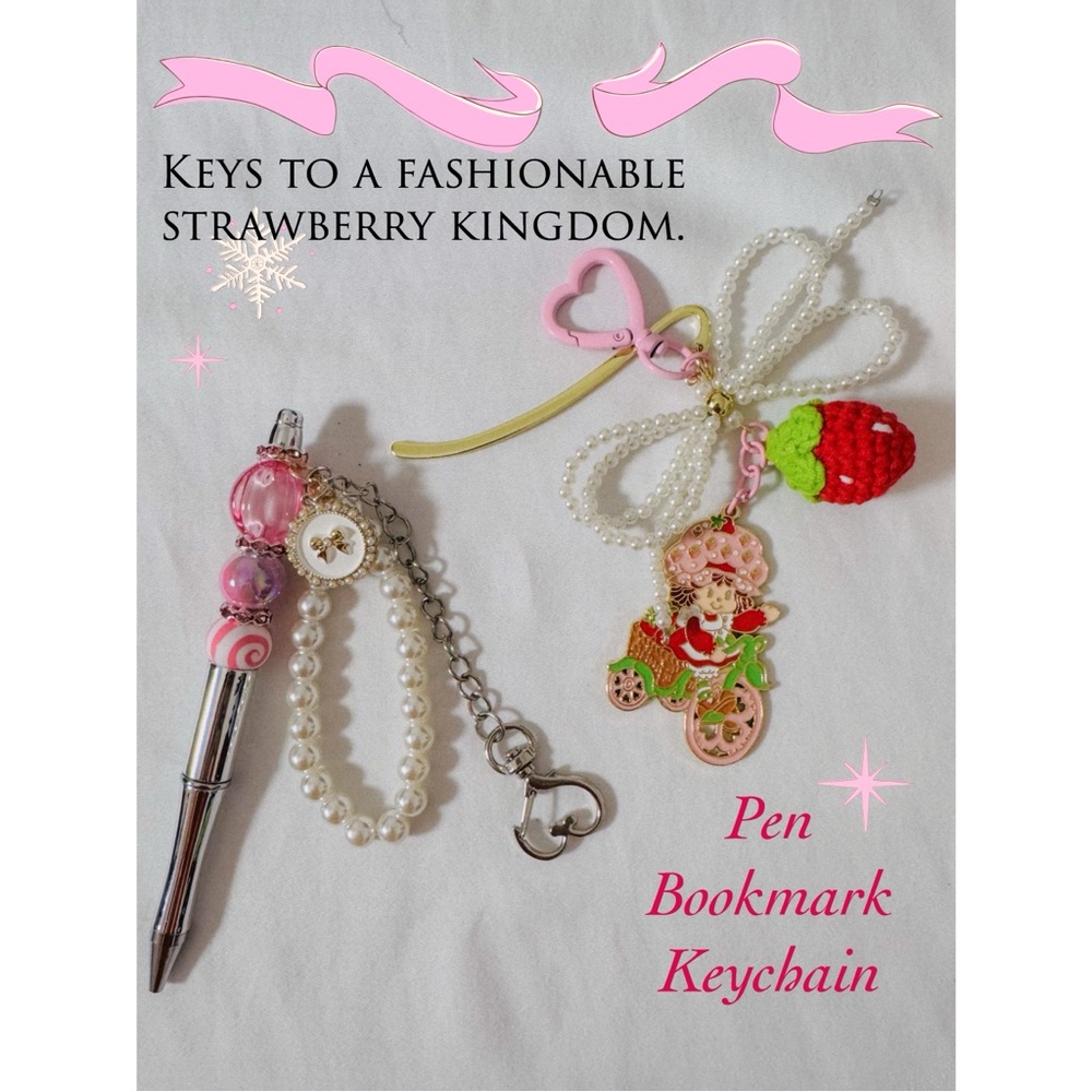 Strawberry Shortcake Keychain Charm Pen Bookmark Set Silver with Refill Ink Pens - Picture 1 of 8